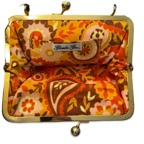 Glenda Gies Kiss-lock Gold/Brown Tweed Harvest Gold 60s Barkcloth interior purse - Picture 6 of 10